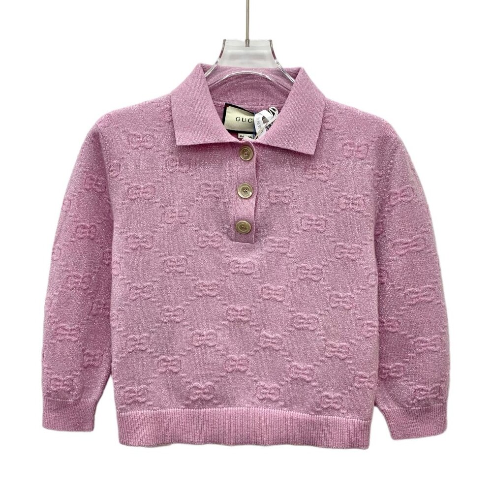 Gucci Pink Logo Jacquard All-Over Print Wool Collared Sweater